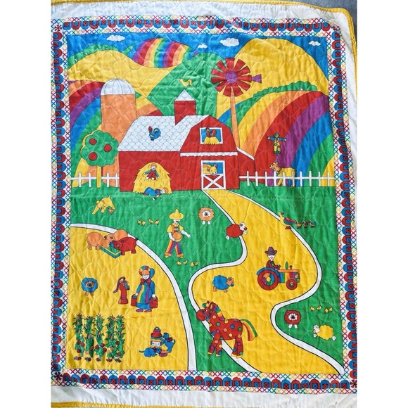Vtg Baby Crib Quilt Blanket Rainbow‎ Farm Animal Barn Hand Quilted - Bright Read - Picture 2 of 9